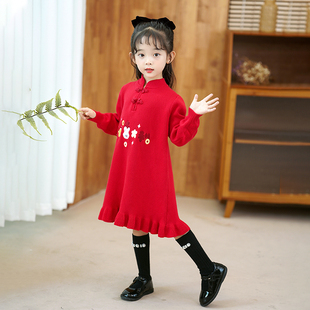 中国风毛衣连衣裙秋冬长袖红色，女宝宝喜庆裙子，儿童洋气童装公主裙