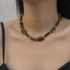 复古法式棕色不规则串珠石头拼接项链高级感轻奢毛衣颈链配饰