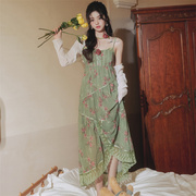 CLOUDSEASON绿色吊带连衣裙花朵拼接气质名媛小众设计感雪纺