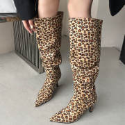 欧美时尚豹纹高跟过膝长筒靴子，2023秋冬款尖头，细跟高筒长靴瘦瘦靴