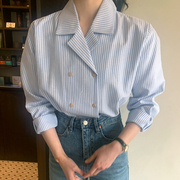 韩国chic秋季复古气质小清新蓝色显白细条纹双排扣宽松翻领衬衫女