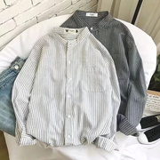美式vintage立领条纹衬衫，男高级感修身长袖休闲百搭口袋工装衬衣
