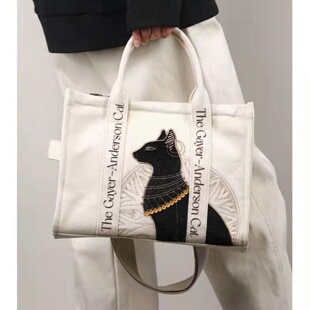 大英博物馆安德森猫刺绣手提斜挎包帆布女包包通勤单肩包小众大包