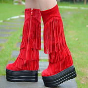 秋冬短靴女厚底超跟高红色13CM坡跟内增高流苏侧拉链中筒短靴