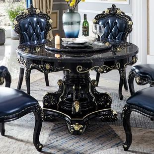 欧式餐桌椅组合实木雕花圆形大理石饭桌高档黑檀色餐桌套装家具