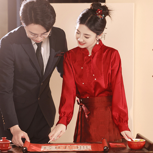 新中式马面裙敬酒服新娘酒，红色两件套礼服，秋冬连衣裙长袖套装