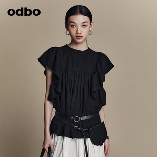 odbo欧迪比欧原创设计感小众荷叶边短袖黑色t恤女夏季