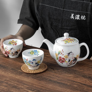 美浓烧日本进口旅行茶具，一壶二杯礼盒，可爱花猫花茶茶具陶瓷凉水壶