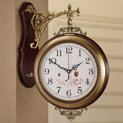 黄铜欧式挂钟双面表s钟客厅(钟，客厅)时尚，钟表创意实木装饰艺术壁挂静