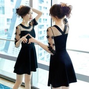 韩版黑色晚礼服连衣裙夏装，2022显瘦性感，小心机网纱拼接中裙女