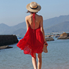 海边挂脖度假连衣裙女网红三亚沙滩裙超仙小个子红色短款纱裙