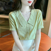 纯棉衬衫女洋气全棉夏季2024女装减龄蕾丝娃娃，领套头上衣短袖