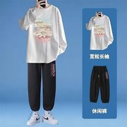 秋季男士t恤短袖短裤长袖卫衣套装2023青少年潮流长裤两件套