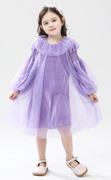 欧美女童紫色丝绒网纱连衣裙春秋洋气时髦荷叶领公主裙礼服裙