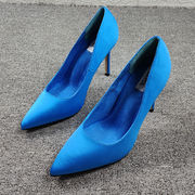 蓝色细跟绸缎面尖头高跟鞋女2022秋浅口时尚外贸大码舒适单鞋