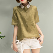 棉麻短袖衬衫女2023夏韩版宽松舒适娃娃领纯色，衬衣套头上衣女