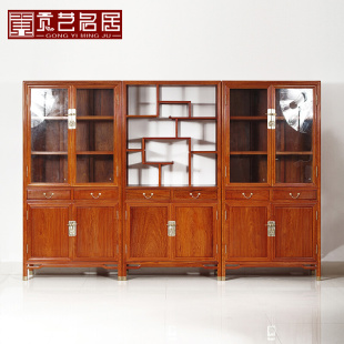 红木家具缅甸花梨木书柜三件套组合全实木中式落地仿古展示置物柜