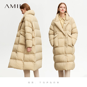 Amii白鸭绒羽绒服女2024冬长款柔软保暖大衣西装领大口袋外套