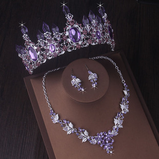 高端大气新娘套链女王紫色，水晶柱水钻婚纱项链耳环三件套饰品