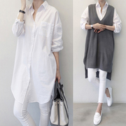 韩国东大门纯棉中长款白衬衫，女长袖韩版宽松大码衬衣，2024春夏上衣