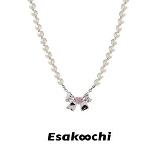 esakoochi原创设计蝴蝶结，爱心仿猫眼石项链，仿珍珠锁骨链
