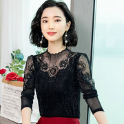 蕾丝衫女士打底衫女2024秋装长袖修身亮丝网，纱薄款内搭上衣潮