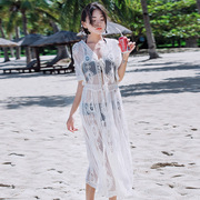 韩国仙女范度假(范度假)长衫海边防晒开衫沙滩泳衣，外搭罩衫镂空蕾丝五分袖