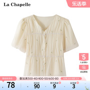 拉夏贝尔/La Chapelle夏季小个子时尚法式刺绣甜美泡泡袖衬衫上衣