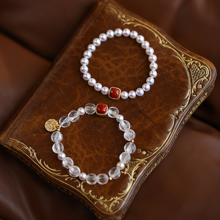 《胭脂盒》复古气质天然珍珠南红玛瑙白水晶纯银手链手串女