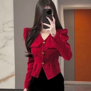 法式红色v领泡泡袖，针织衫2023秋冬洋气修身短款打底衫上衣女