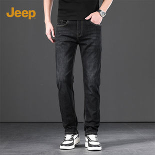 jeep吉普牛仔裤男款2024夏季修身裤子男，美式复古黑色男士长裤
