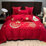中式婚庆长绒棉红色四件套全棉纯棉龙凤被套床单结婚床品新支