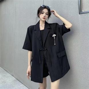 胖mm特大码300斤黑色西装外套，女夏韩版宽松短袖高级感小西服2