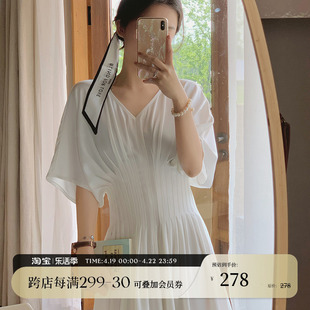kiki自制夏日白色法式连衣裙设计感小众夏复古(夏复古)收腰显瘦a字长裙