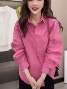 玫红色翻领衬衫女秋装，韩版宽松慵懒百搭衬衣，时尚减龄显瘦上衣