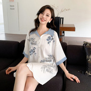 睡衣女款2024夏季中国风睡裙，冰丝真丝衬衣裙家居服性感高级感