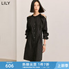 LILY2024夏女装气质通勤款时尚设计感露肩收腰连衣裙小黑裙女