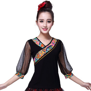 广场舞上衣短袖女夏装莫代尔，跳舞服装中老年新疆舞舞蹈服演出