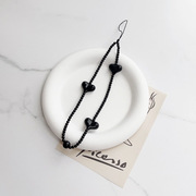 创意黑色桃心串珠手机挂链短款DIY女创意手机链配件耳机包包装饰