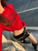 美式辣妹印花针织长袖女T恤秋季薄款防晒罩衫修身红色透视ins上衣