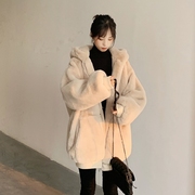 2023冬韩版仿獭兔毛皮草外套女中长款加厚连帽大衣羊羔毛绒绒