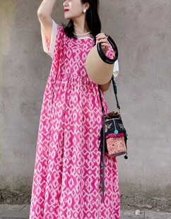 原创设计棉麻袍子   粉色豹纹棉麻宽松连衣裙