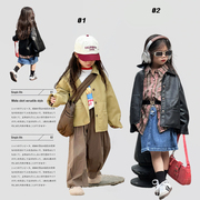 韩版儿童大牌pu皮外套2023秋装宝宝洋气长袖，女童复古皮衣休闲
