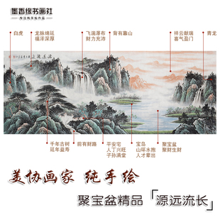 纯手绘源远流长客厅办公室国画山水画招财聚宝盆靠山瀑布挂画真迹