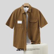 JIEYI 工装时尚贴标双口袋衬衫男士复古纯棉美式痞帅短袖寸衣外套
