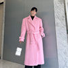 秋冬网红粉色韩版加厚气质，中长款大衣男双排扣羊毛呢子风衣潮