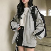 2021韩版原宿风卫衣拼色刺绣字母卫衣加绒拉链学生上衣外套女