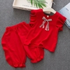女童夏季套装大红色女宝宝，衣服蝴蝶结t恤灯笼，裤中小童周岁两件套