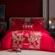 高端140S长绒棉贡缎提花婚庆四件组大红色纯棉被套结婚用床上用品