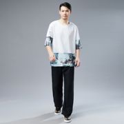 2024夏季男士棉麻短袖t恤中国风圆领拼接雪纺薄款麻凡布衣